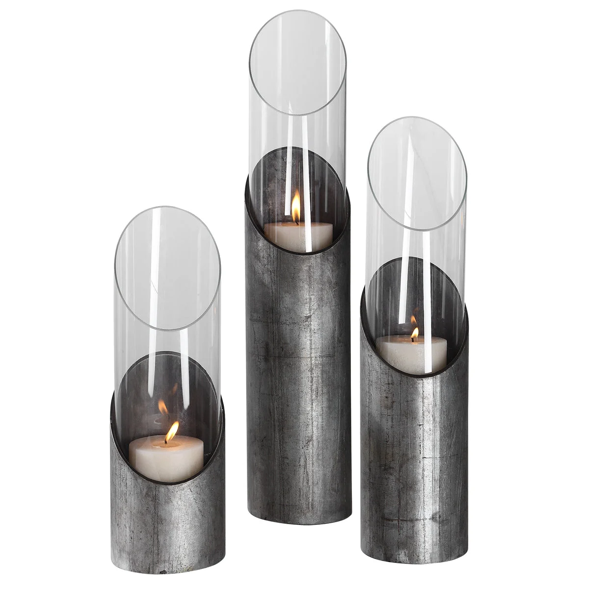 Uttermost Karter Candleholders Set of 3 – Iron Frames with Clear Glass Cylinders and Beige Candles