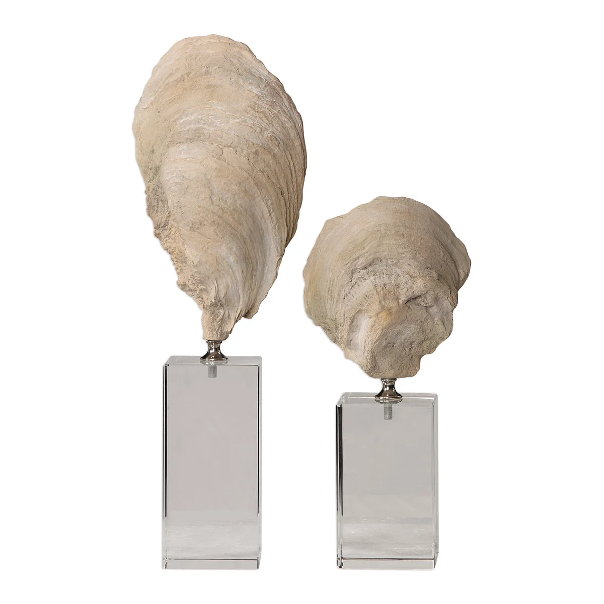 Uttermost Oyster Shell Sculptures Set of 2 – Aged Ivory Finish with Crystal Cube Base, 15.25" Height