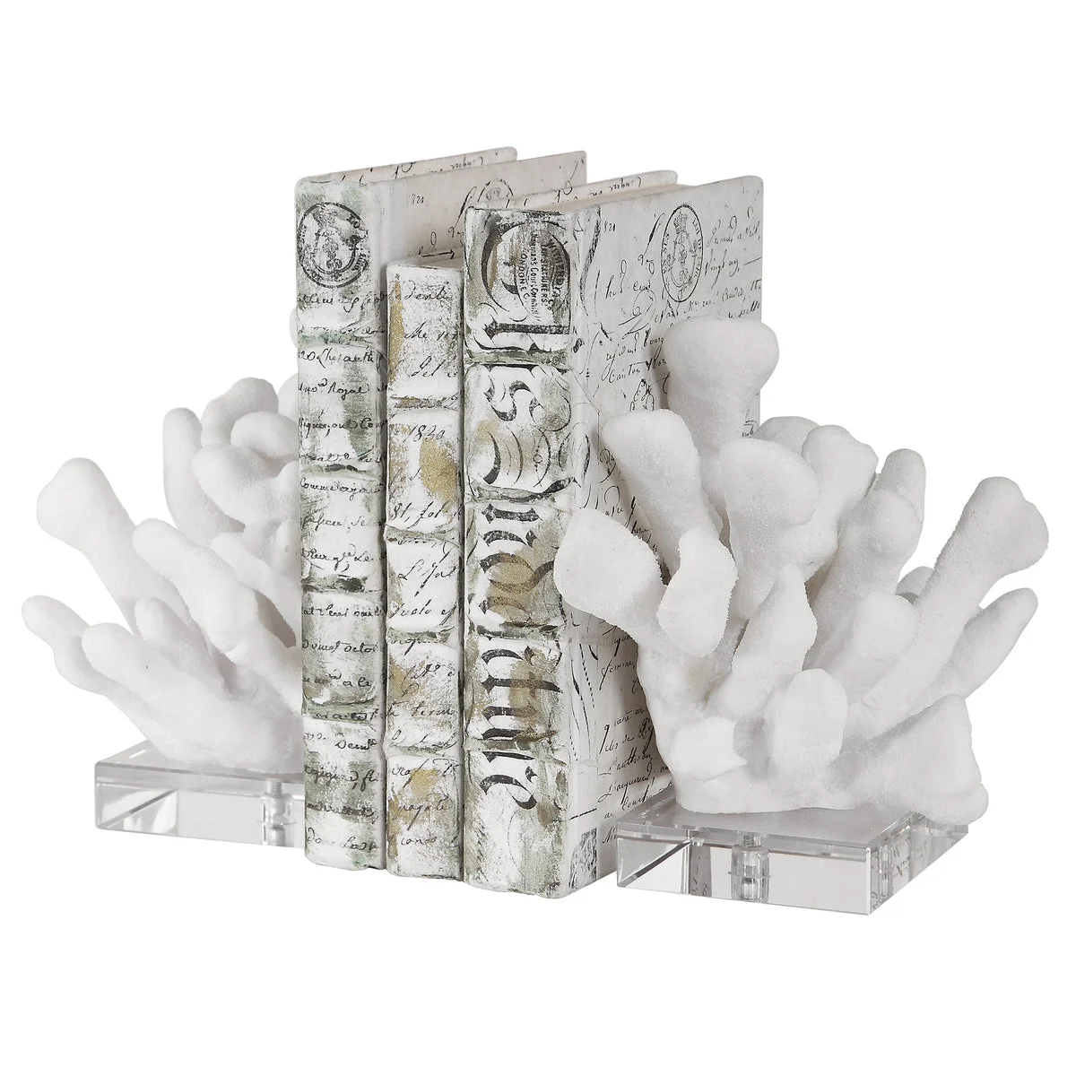 Uttermost Charbel White Bookends Set of 2 – Resin & Crystal, Textured Coral Design, Indoor Decor, 9" H