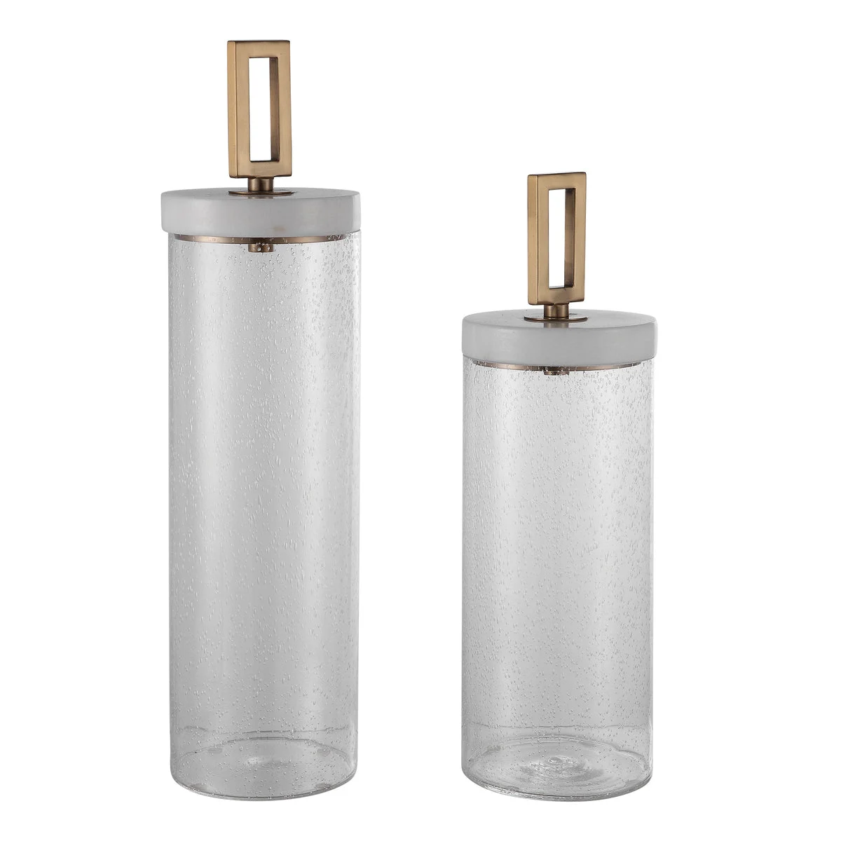 Uttermost Hayworth Seeded Glass Containers Set of 2 with White Marble Lids & Brushed Brass Accents, S-6x18x6, L-6x22x6