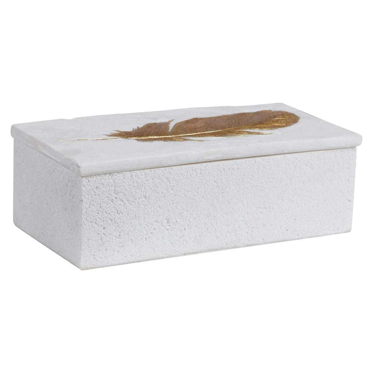 Uttermost Nephele White Stone Decorative Box – Aged Finish with Etched Gold Feather, 12" Wide Storage Accent