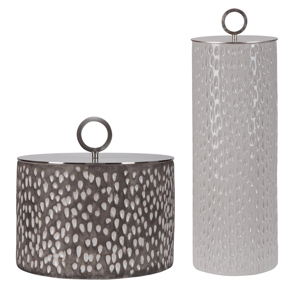 Uttermost Cyprien Ceramic Containers Set of 2 – Off-White & Smoke Gray Crackle Finish with Gold & Nickel Lids, 19.25" & 9"