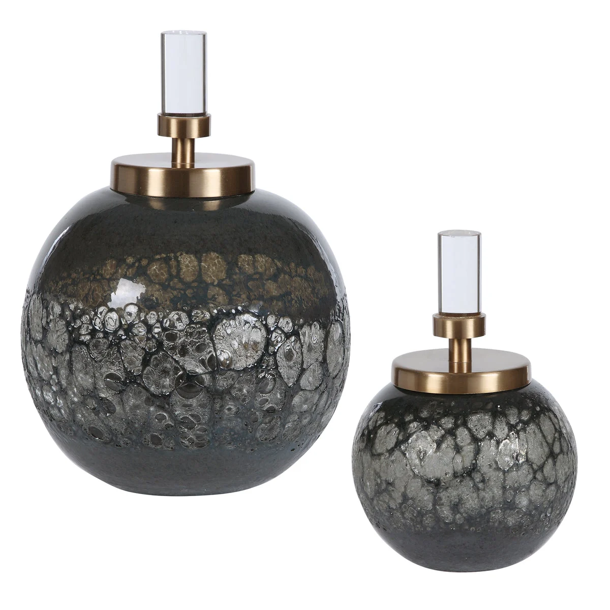 Uttermost Cessair Art Glass Bottles Set of 2 – Iridescent Blue-Gray Finish with Crystal & Brass Lids, 10" x 8"