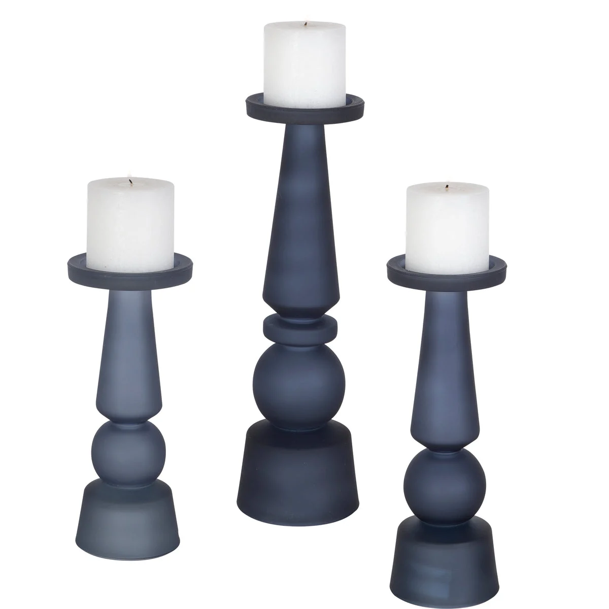 Uttermost Cassiopeia Blue Glass Candleholders Set of 3 – Traditional Silhouettes with White Candles, 15", 12", 10"