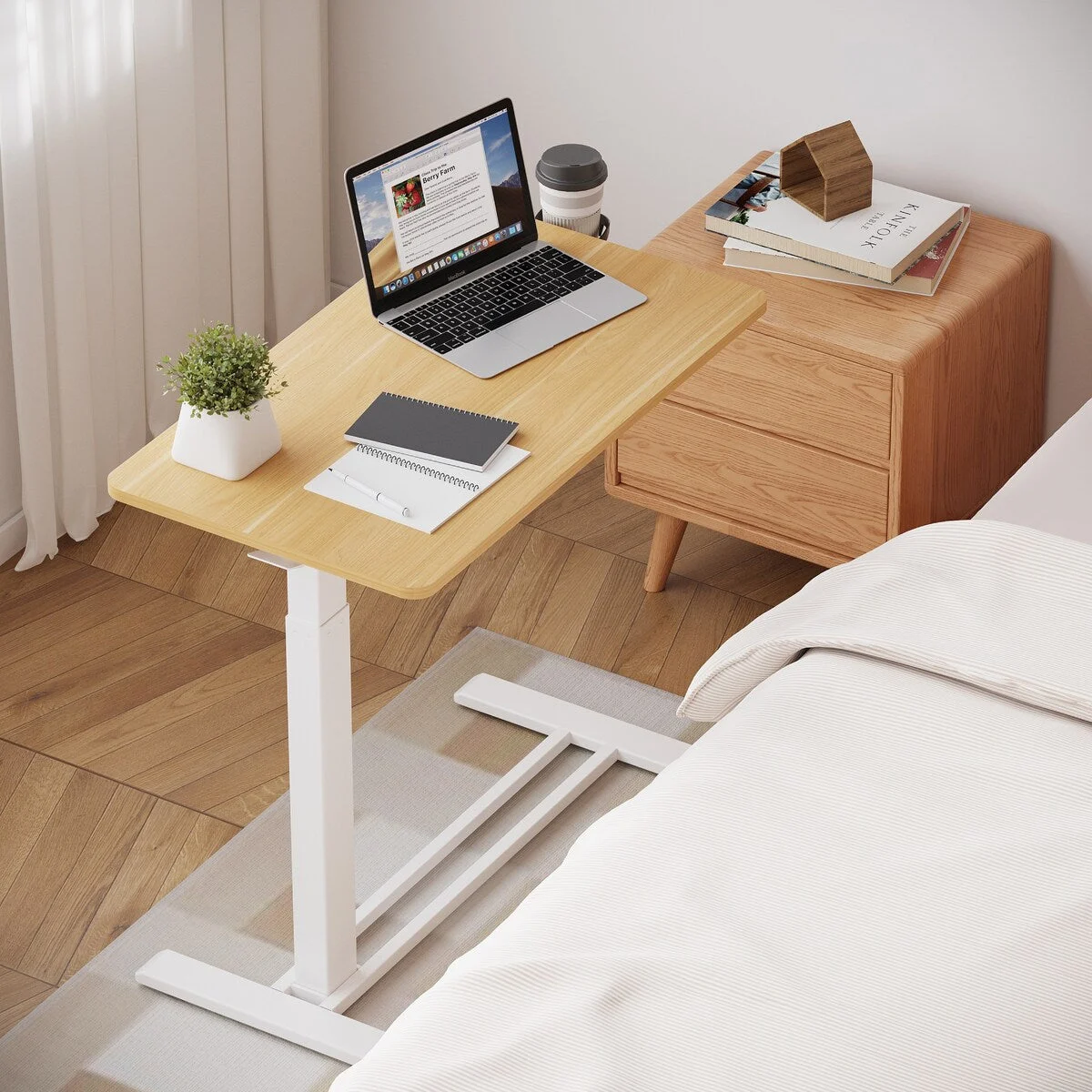 FunniHomi 28/32 Movable Overbed Table Height Adjustable Computer Desk with Wheels, White/Black Laptop Table for Bed and Sofa