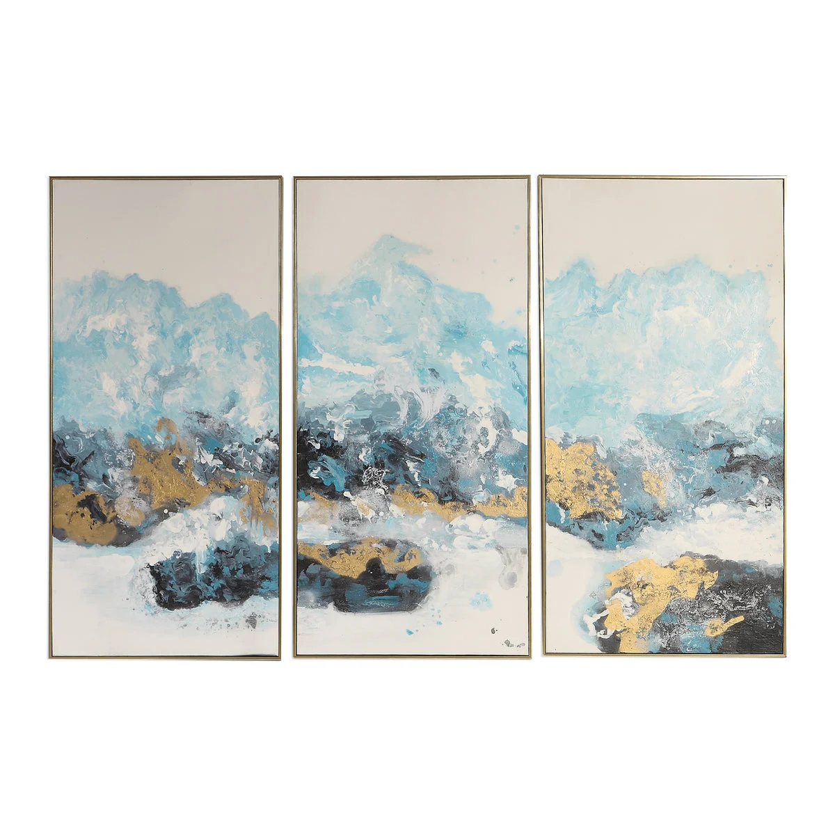 Uttermost Crashing Waves Hand Painted Canvases, Set of 3 – Abstract Coastal Wall Art with Gold Gallery Frames, 48" Tall