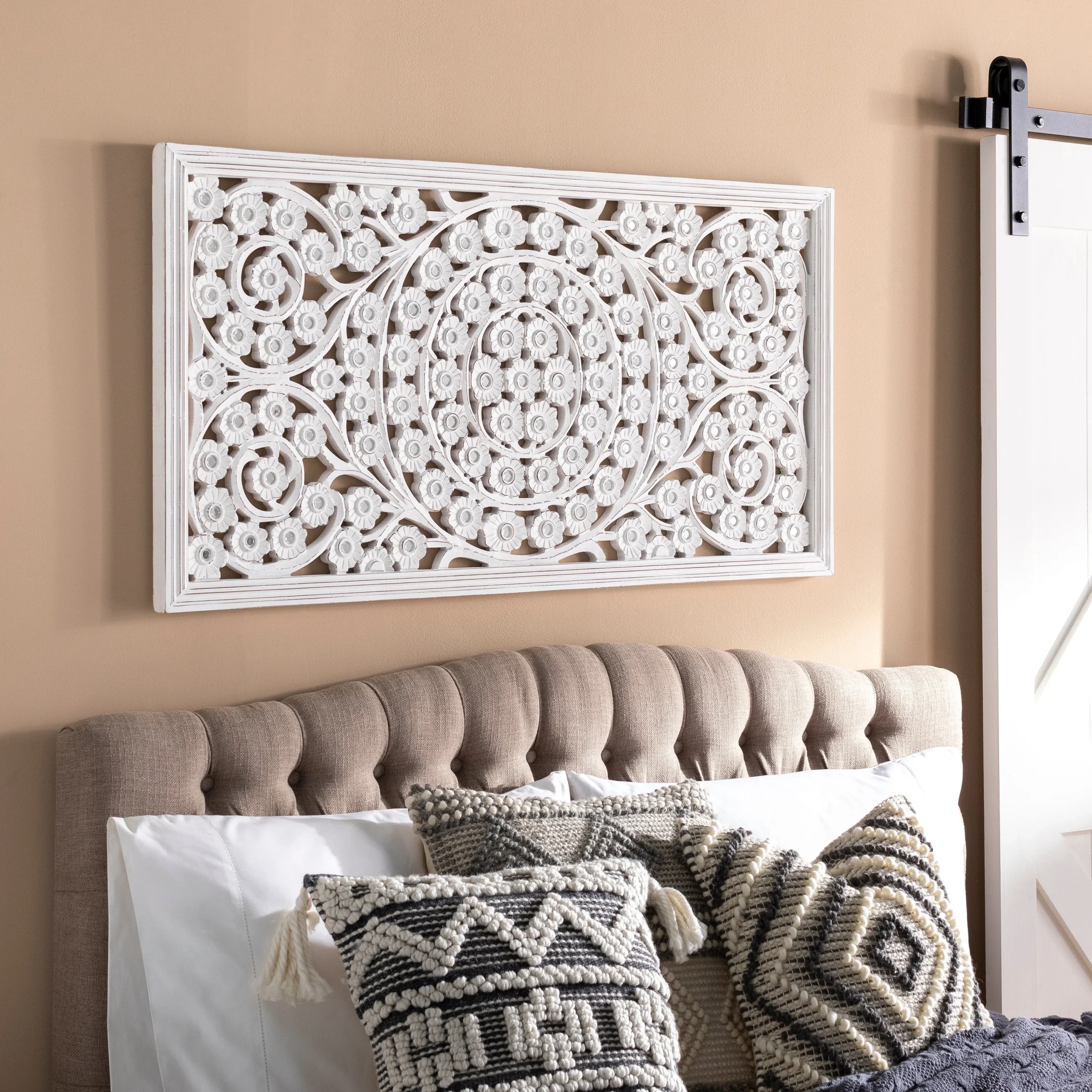 Allen White Washed Hand Carved 48x28-inch Wall Panel with Mirror Inlay
