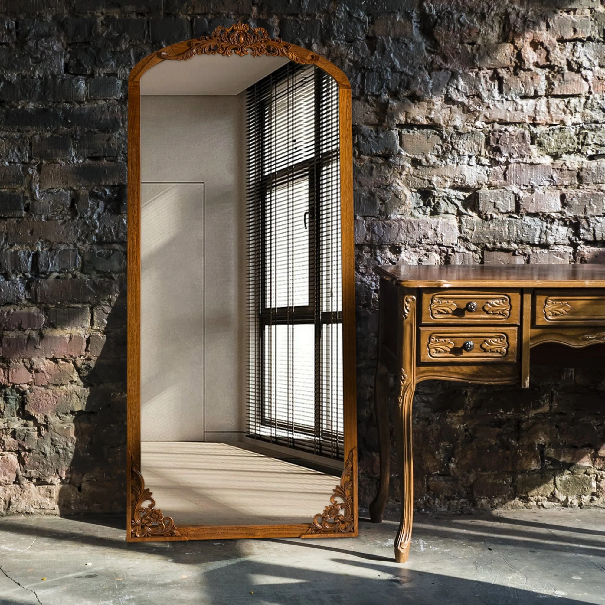 Arched Full-Length Solid Wood Carving Floor Mirror