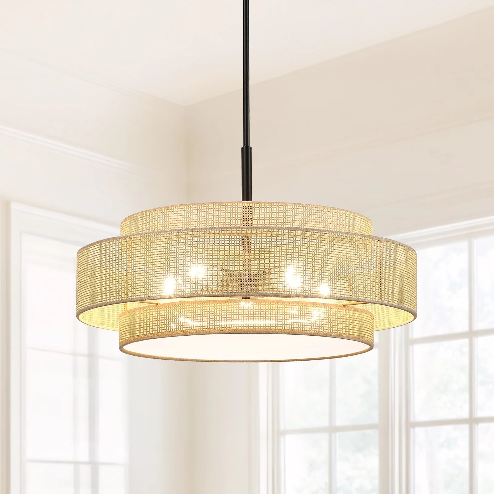 Bayou 5-Light Black Coastal Drum Chandelier with Double Rattan Shade - 24''W
