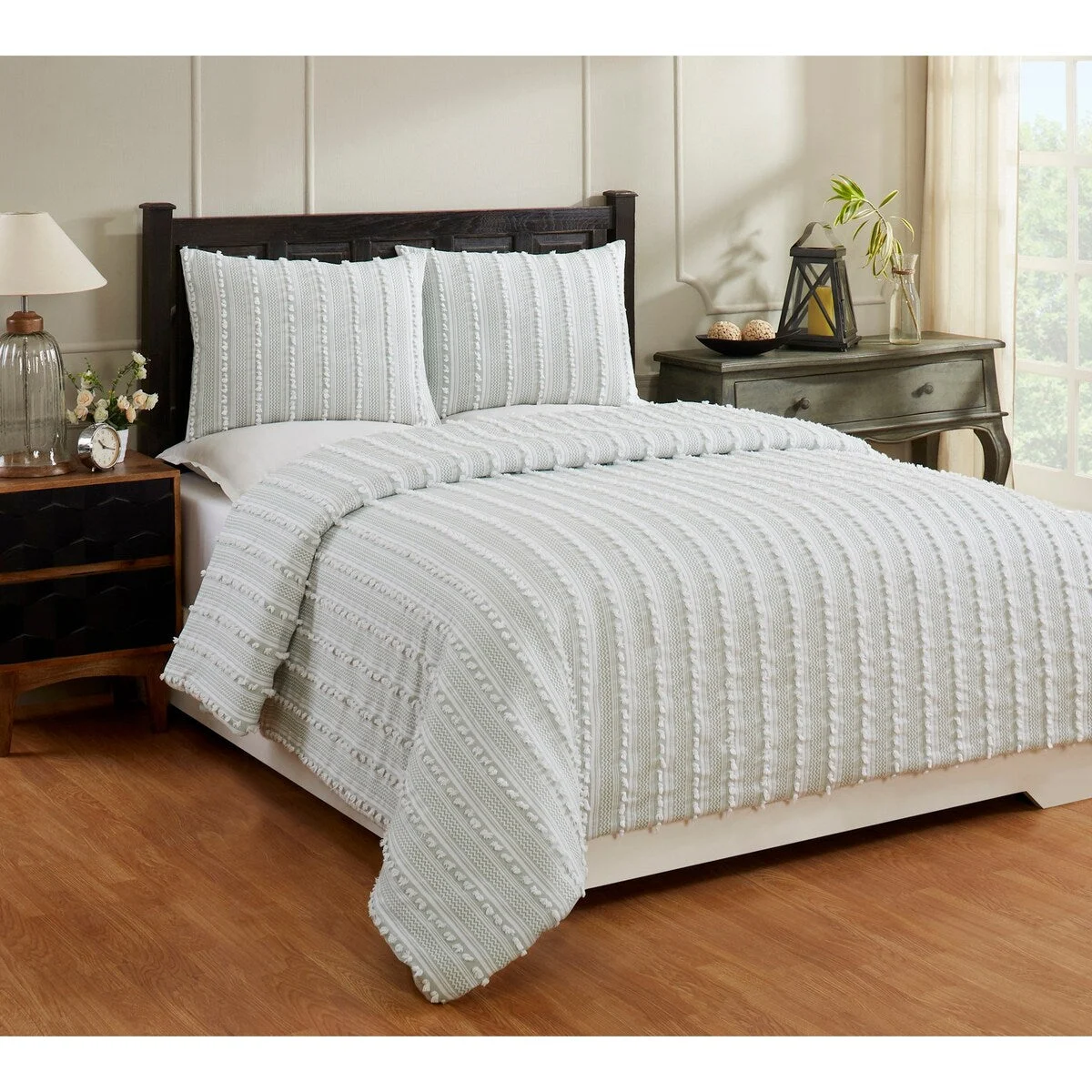 Better Trends Angelique Comforter Set 100% Cotton Tufted Soft Plush Chenille Elegant Stripes Machine Washable & Tumble Dry