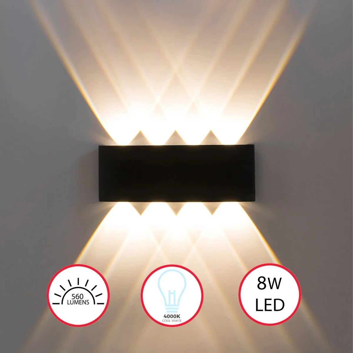 Black Contemporary Decorative Waterproof Aluminum Wall Lamp for Indoors and Outdoors, 8 Watt Cool White 4000K