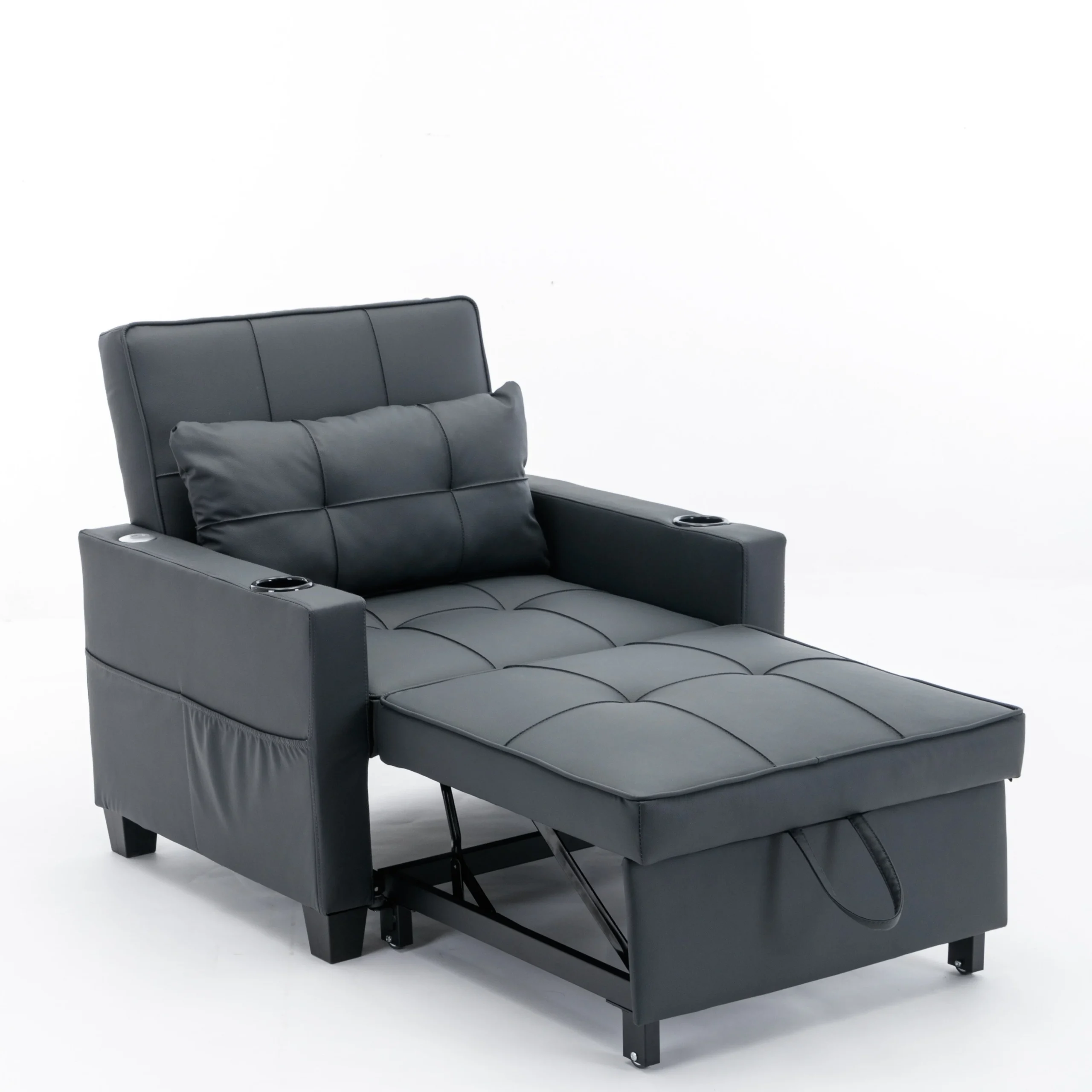 Black Faux Leather Convertible Sofa Bed with USB Ports
