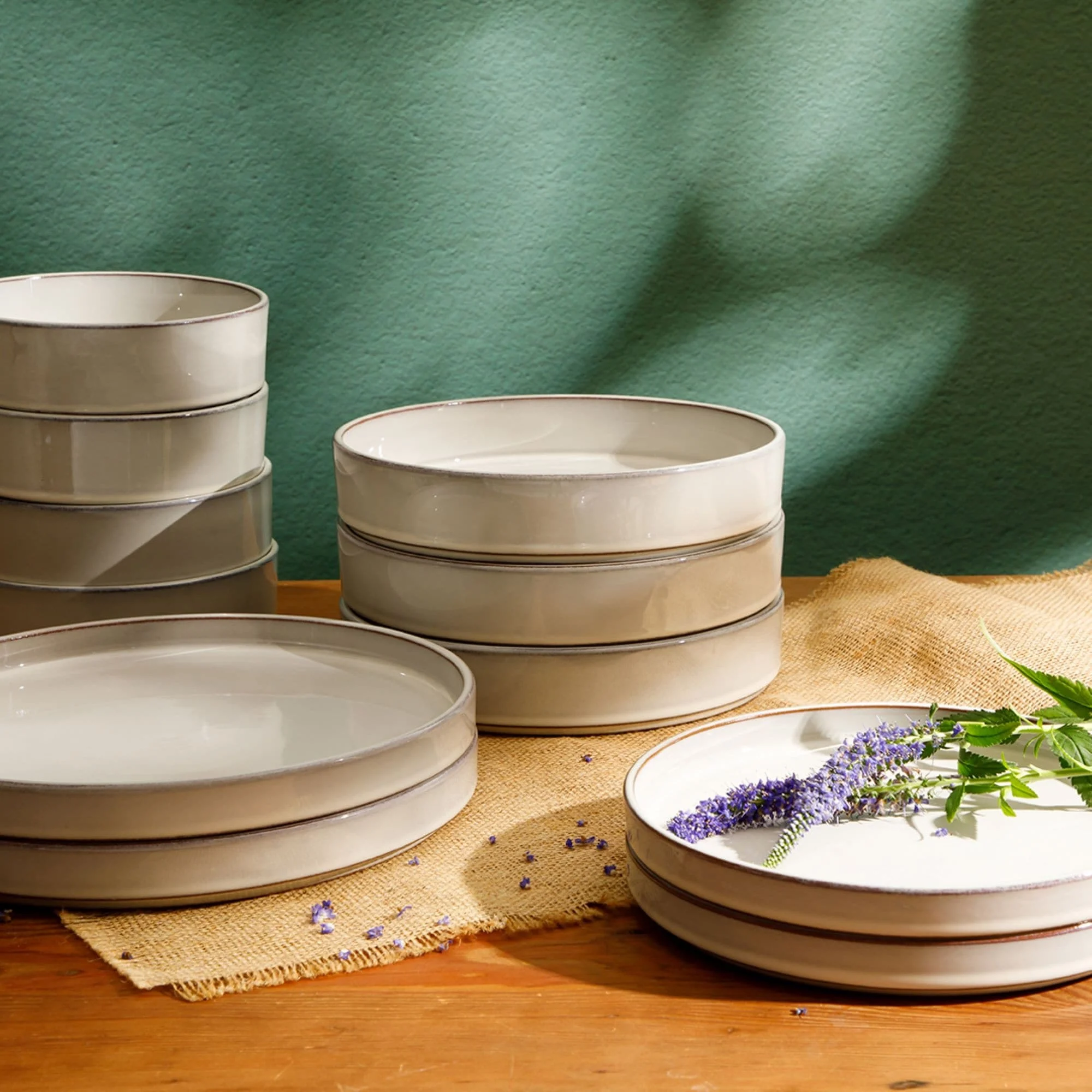 Bloomhouse Santorini Mist 16 Piece Double Bowl Terracotta Reactive Glaze Plates and Bowls Dinnerware Set