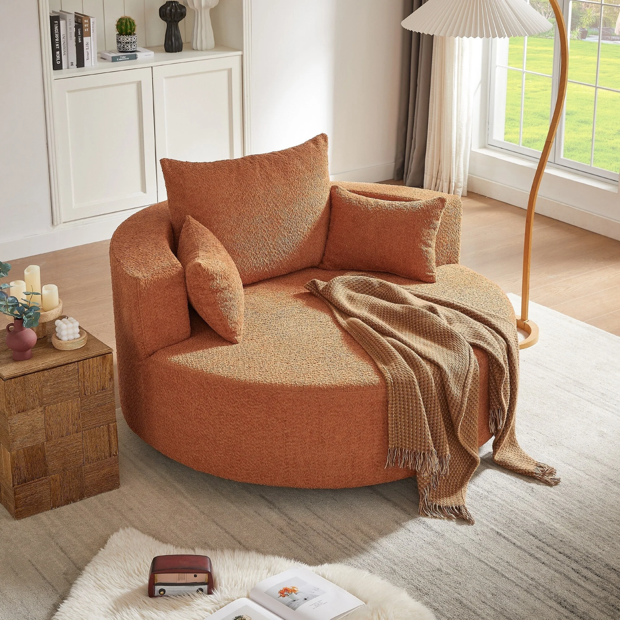 Chenille Accent Barrel Chair Lounge Chair, Round Sofa Chair Armchair with 360-Degree Swivel Base and 3 Removable Pillows