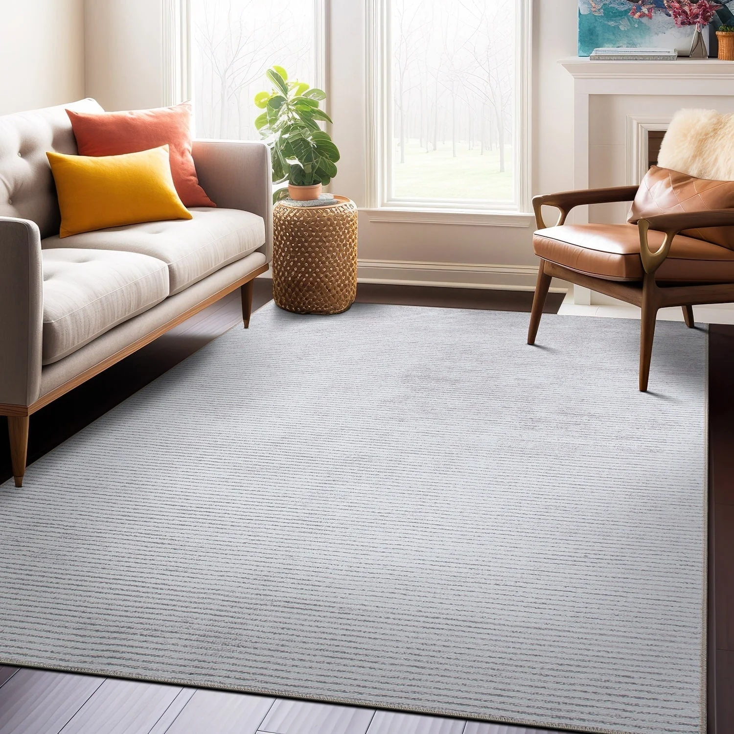 Contemporary Distressed Stripe Machine Washable Area Rug