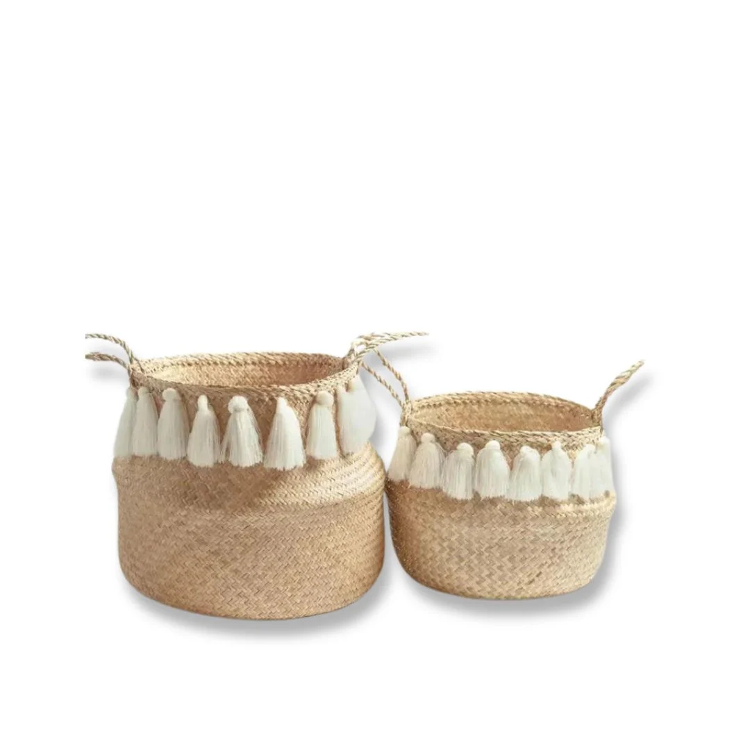Hand-Woven White Tassel Belly Basket