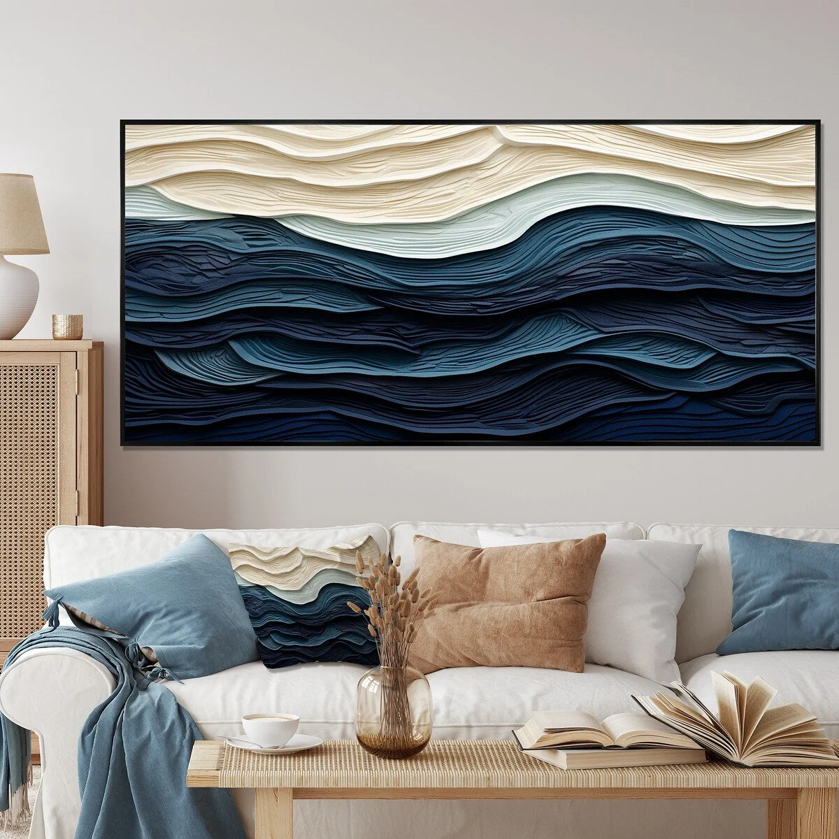 Designart Blue And White Coastal Wave S Edge Coastal Minimalism Blue Wall Decor Coastal Living Room Framed Canvas Art