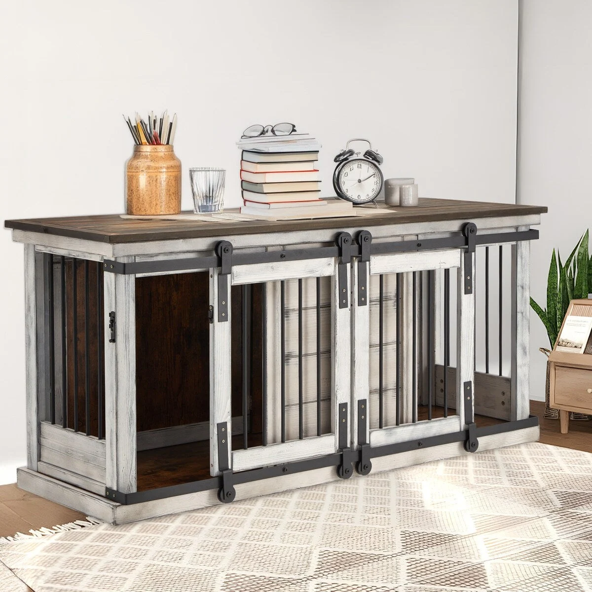 EROMMY Solid Wood Dog Crate Furniture, Indoor Dog Kennel with Sliding Door TV Cabinet, Chic Wooden Dog House, Stylish Dog Cage