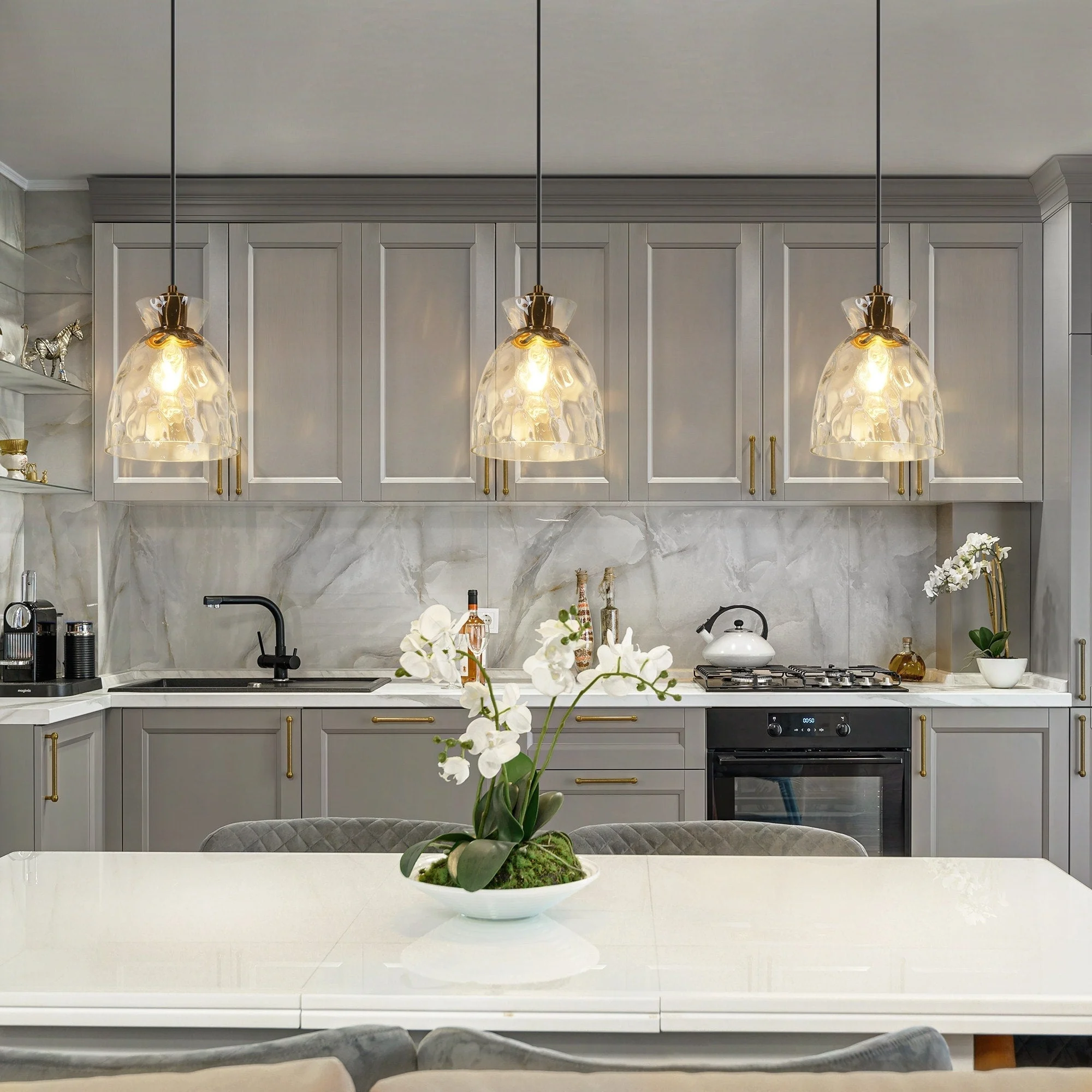 Elisie Mid-century Modern Pendant Light 1-Light Waterfall Glass Hammered Dome Kitchen Island Lighting Dining Room