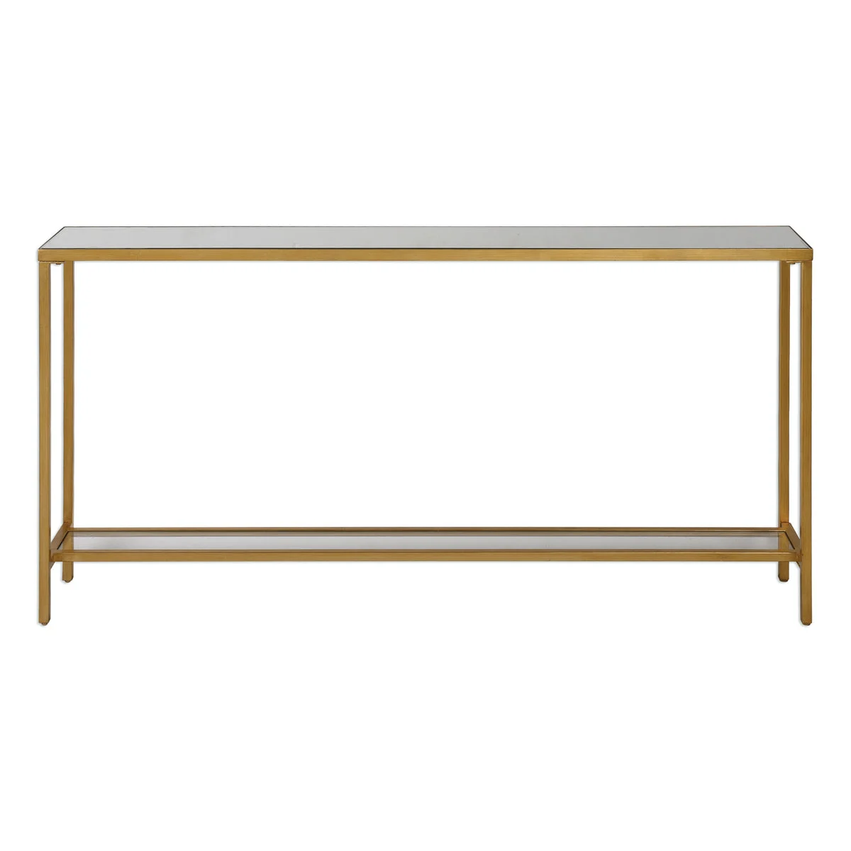 Uttermost Slim Mirrored Console Table with Glass Shelf – Gold Finish