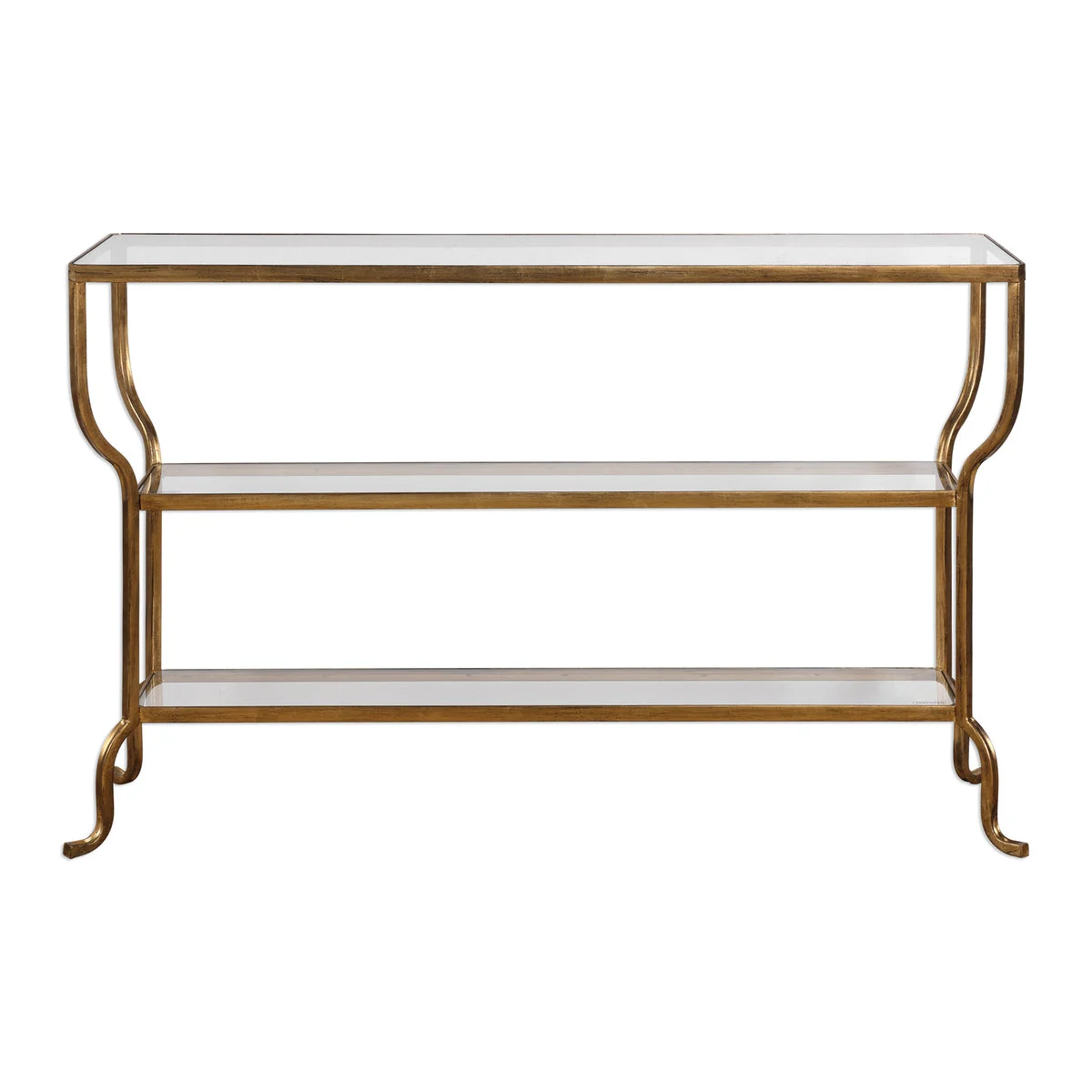 Uttermost Curved Gold Console Table with Glass Shelves for Entryway