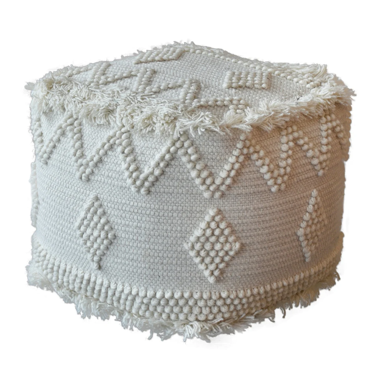 Uttermost Uriah Ivory Bohemian Pouf – Handwoven Wool & Cotton Cube with Raised Patterns and Fringe