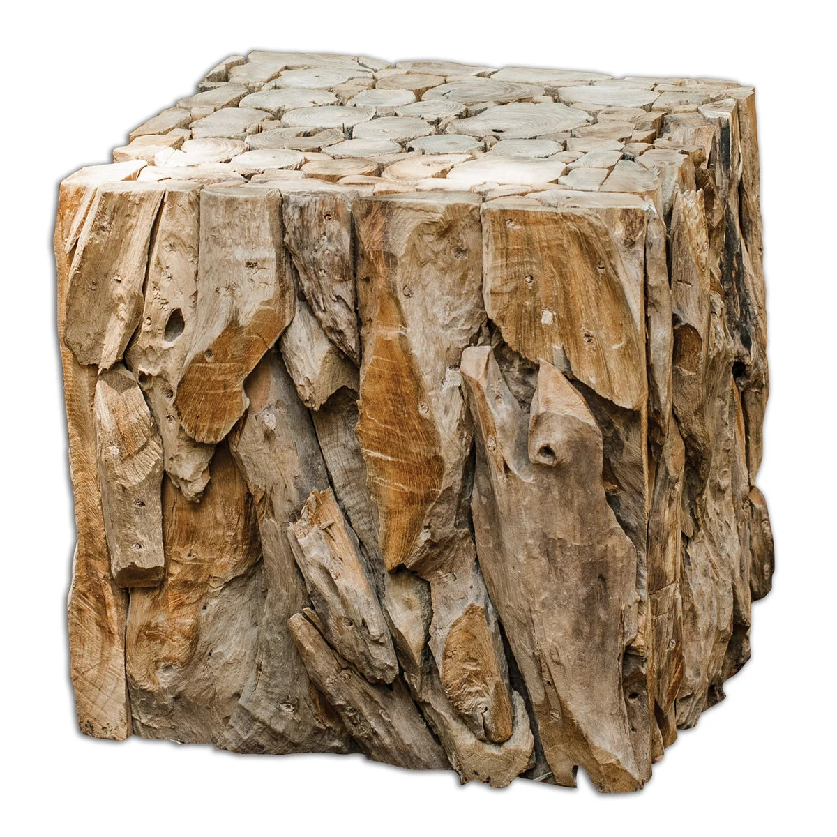 Uttermost Teak Root Wooden Cube Table – Rustic 18.5" Tall Bunching Accent Table