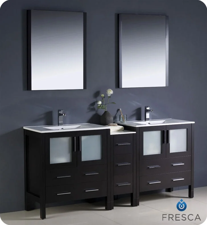 Fresca Torino 72`` White Modern Double Sink Bathroom Vanity With Side Cabinet & Vessel Sinks