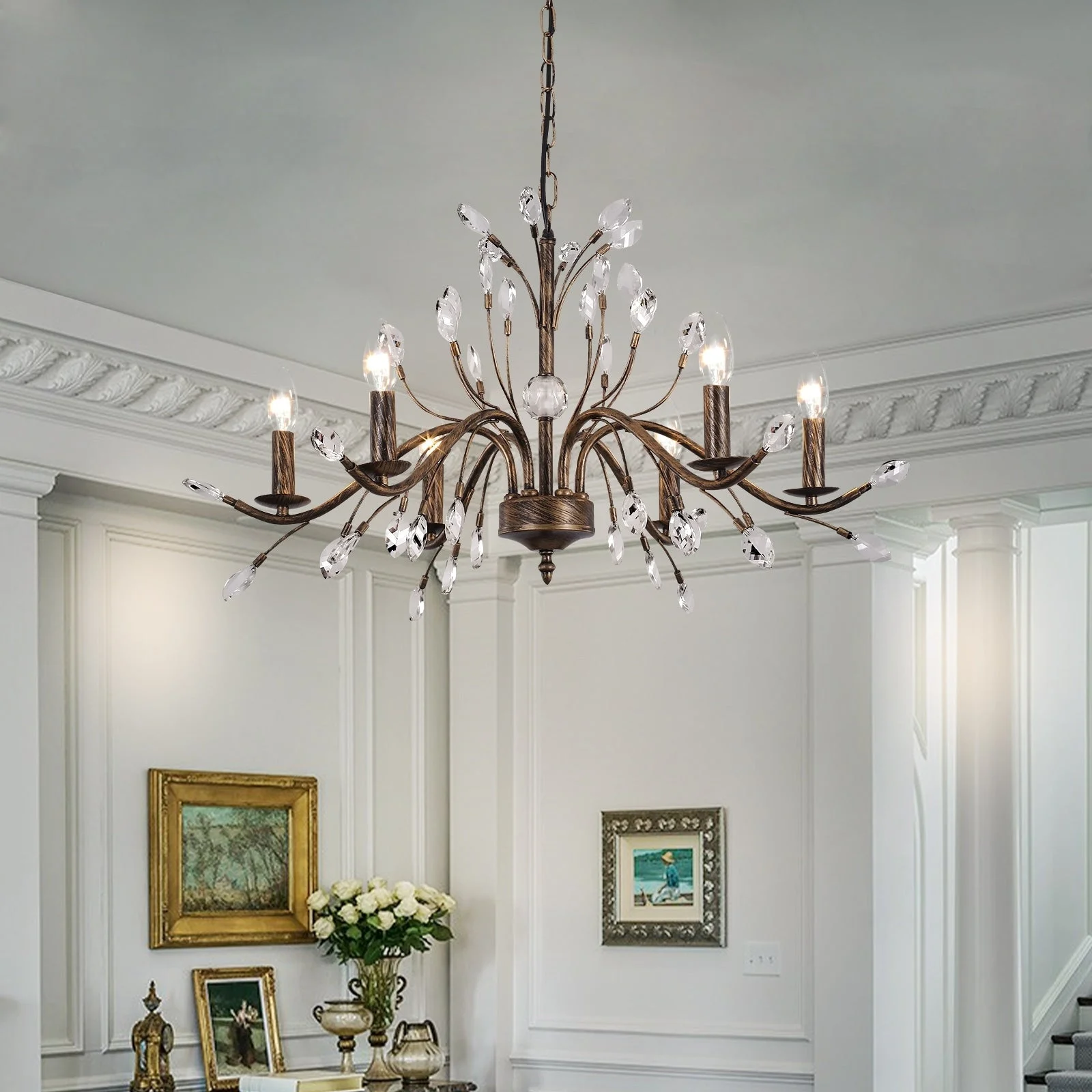 Farmhouse Retro Tree Branch Crystal Chandelier Candle-Style Pendant Light