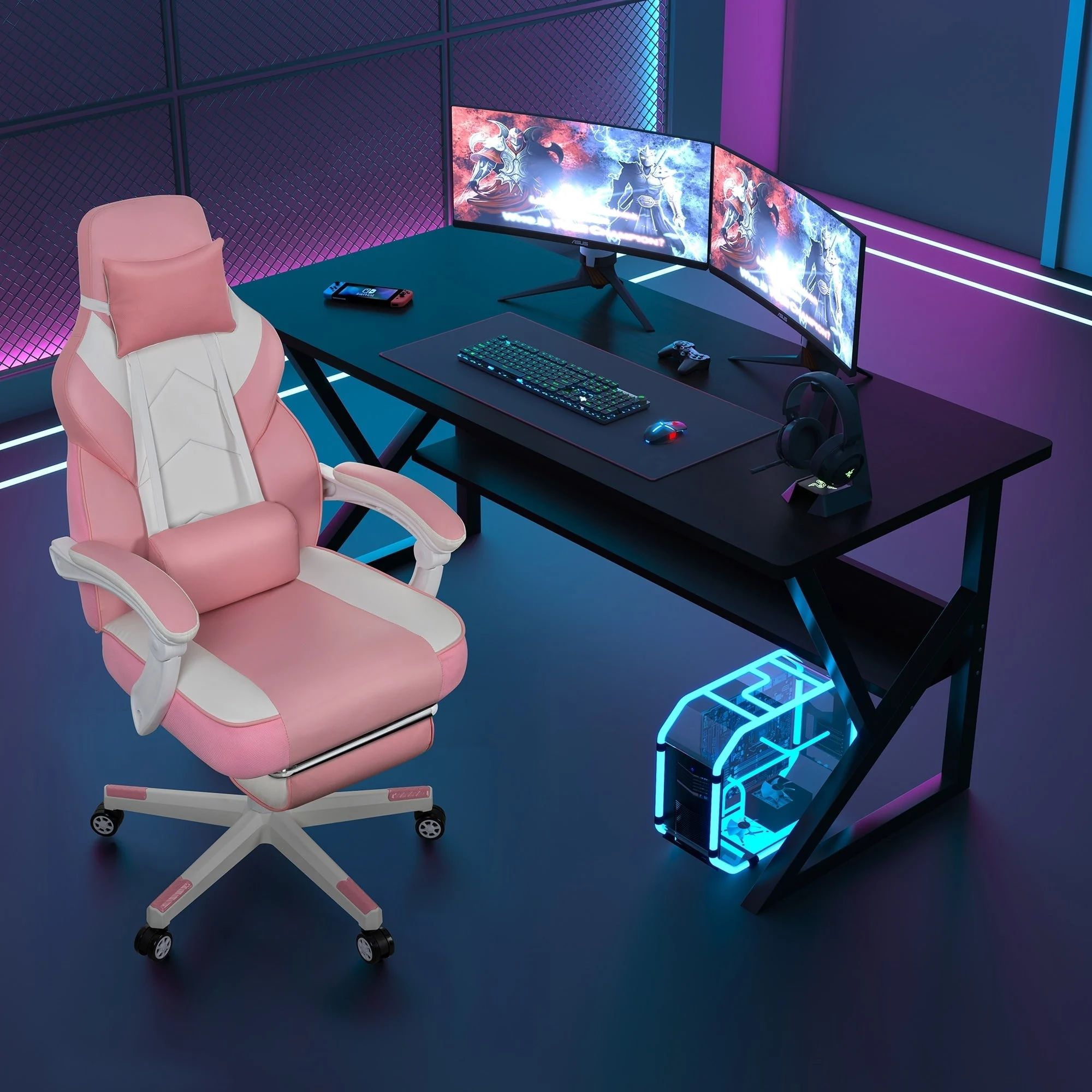 Futzca Gaming Chair PU Leather Office Chair with Headrest, Footrest & Massage Lumbar Support