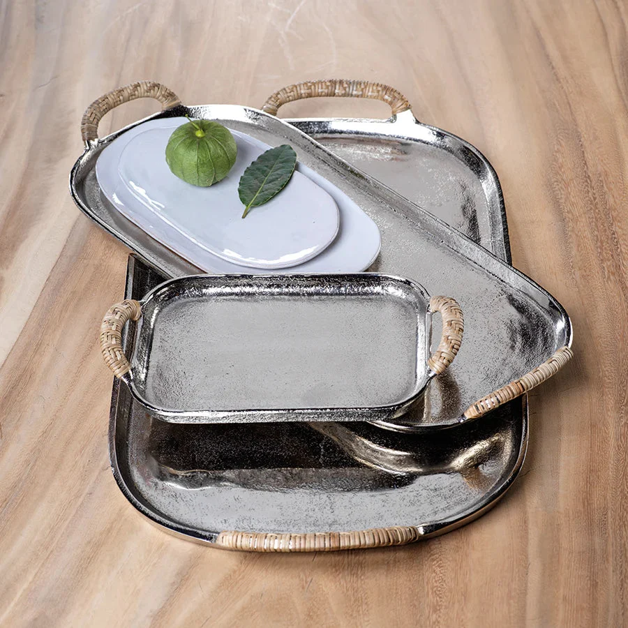 Mauritius Raw Aluminum Tray with Rattan Wrapped Handles