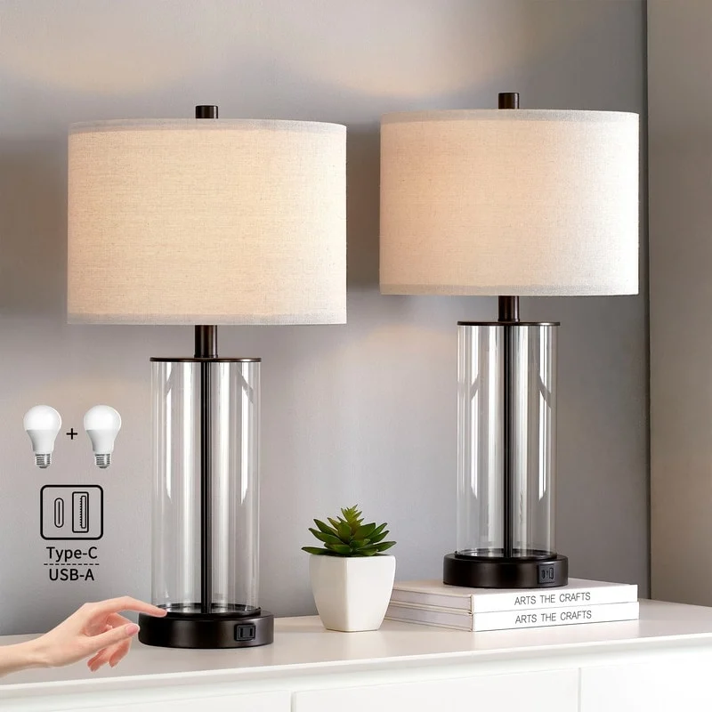 KAWOTI 23.25 Touch Control Table Lamp Set with USB Port and Bulbs