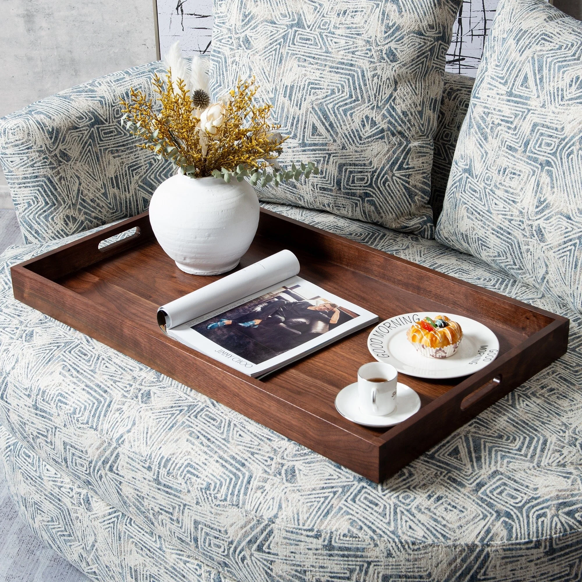 KINWELL Rectangle Black Walnut Wood Serving Tray Ottoman Tray