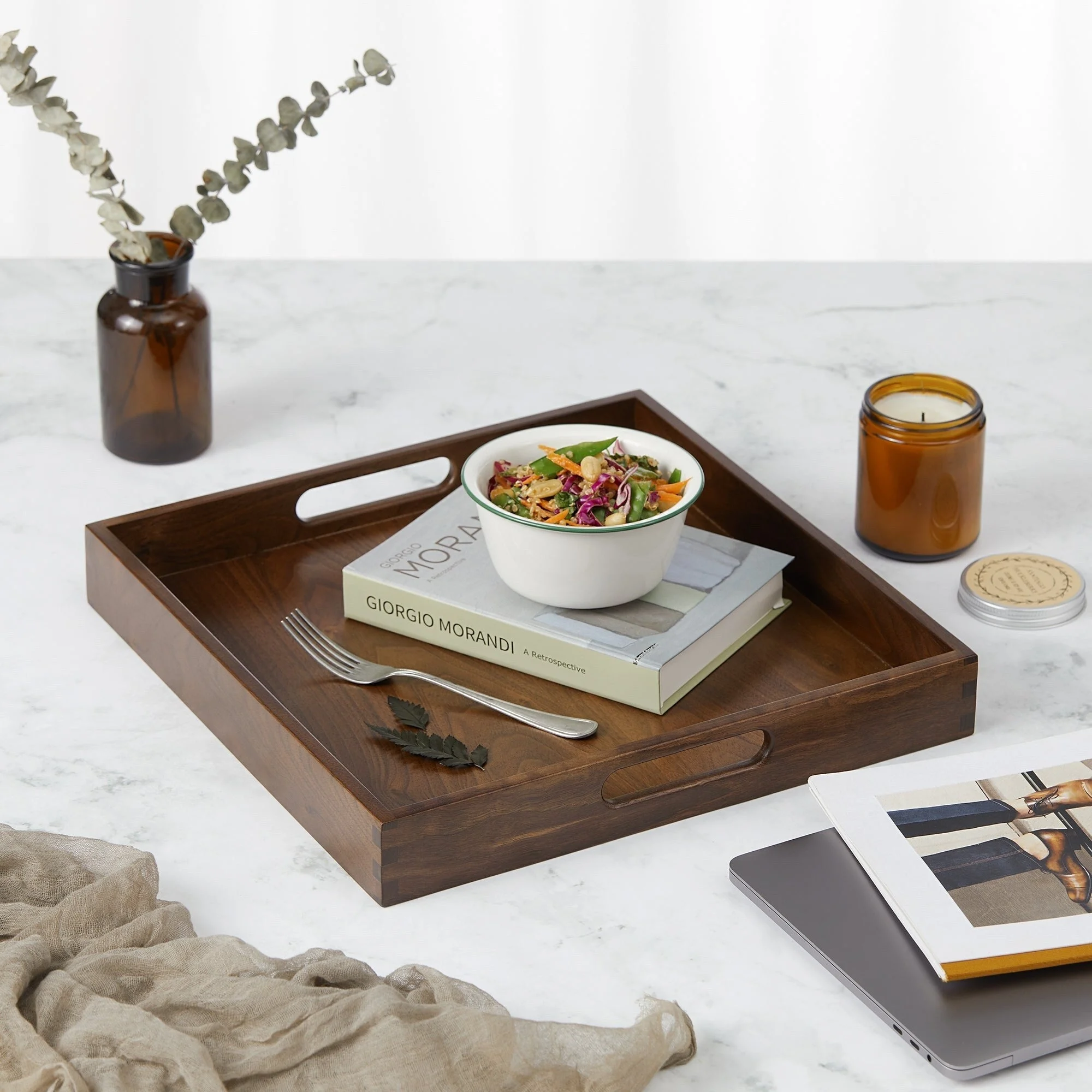 KINWELL Square Black Walnut Wood Serving Tray Ottoman Tray with Handles