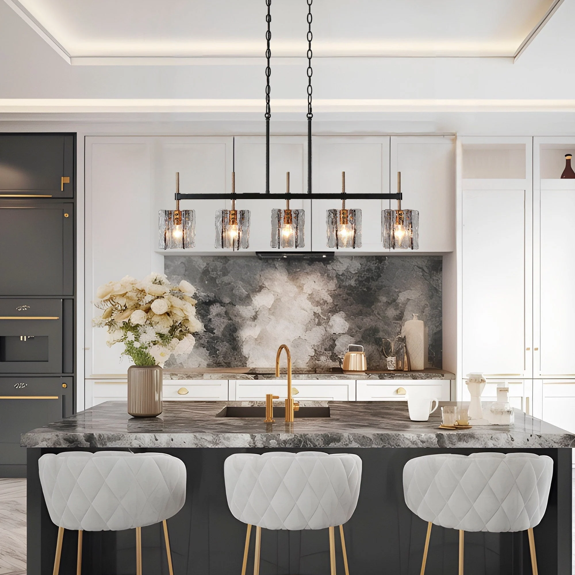 Kasy Modern 5-Light Linear Chandelier Textured Glass Kitchen Island Light Unique Design