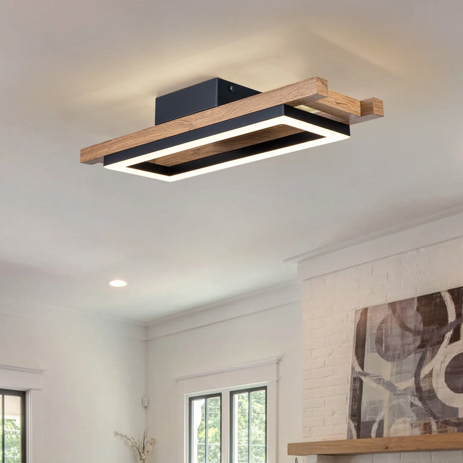 Integrated LED Rectangle Wood Semi Flush Mount Ceiling Light for Hallway Foyer