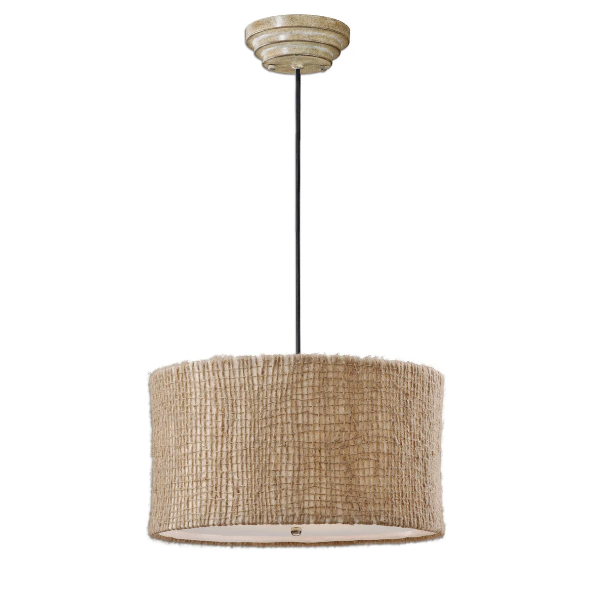 Uttermost Burleson 3-Light Drum Pendant with Natural Twine and Frosted Glass Diffuser – 22" Round