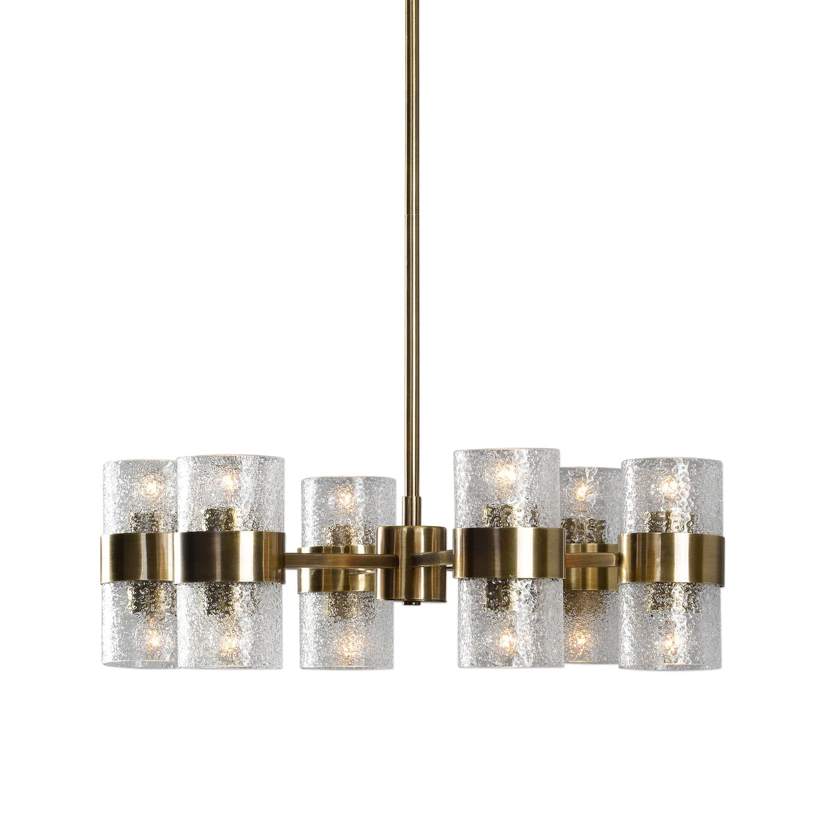 Uttermost Antique Brass Linear Chandelier with 12 Lights and Glass Shades