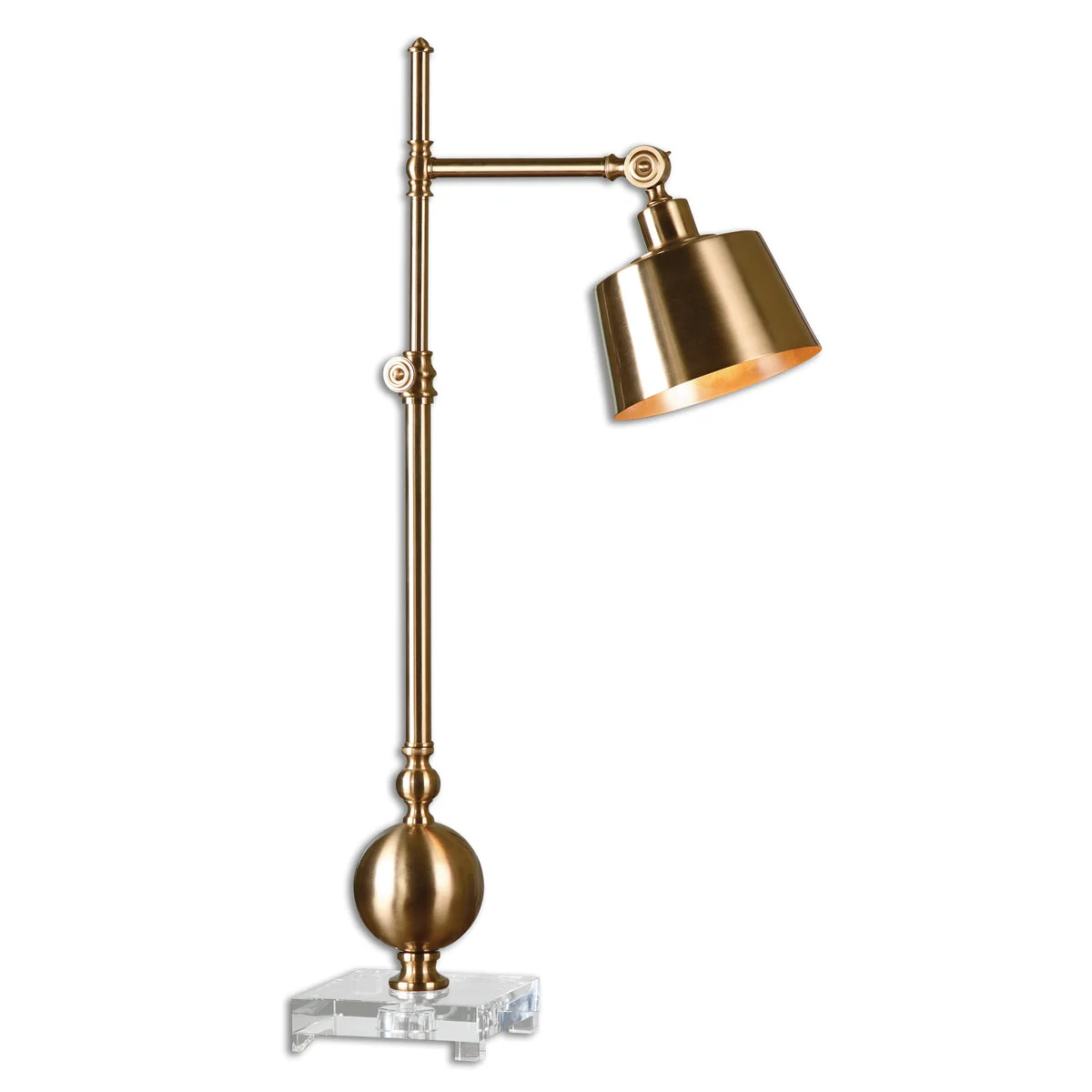 Uttermost Laton Brushed Brass Task Lamp – Adjustable 34" Height, Crystal Base, Pivoting Metal Shade