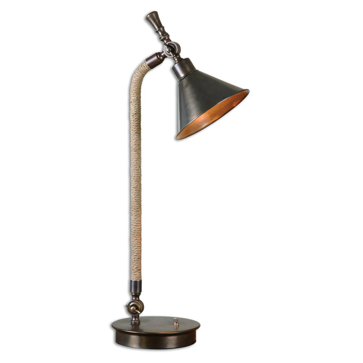 Uttermost Duvall Adjustable Desk Lamp in Plated Oxidized Bronze with Tea-Stained Rope Accent and Pivoting Shade