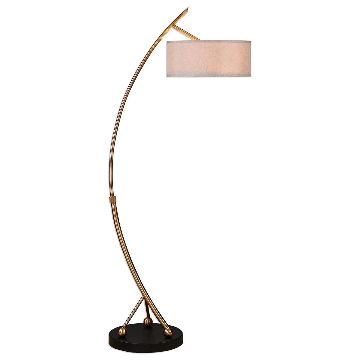 Uttermost Vardar Curved Metal Floor Lamp in Brushed Brass Finish with Adjustable Rust Beige Linen Drum Shade