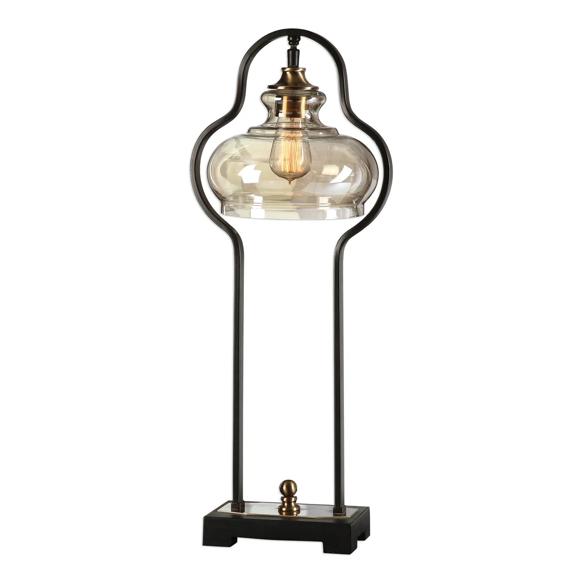 Uttermost Cotulla Aged Black Desk Lamp – Metal & Resin, 28.5" Height, Amber Glass Shade, Brass Accents
