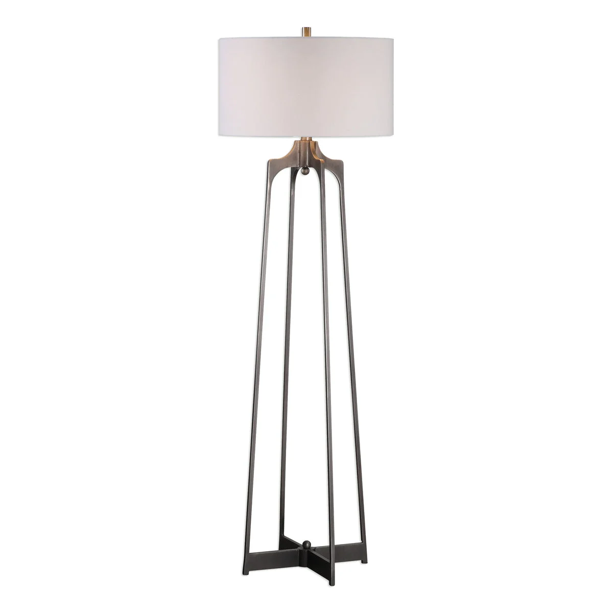 Uttermost Adrian Floor Lamp in Aged Metal with White Linen Drum Shade and Forged Steel Frame