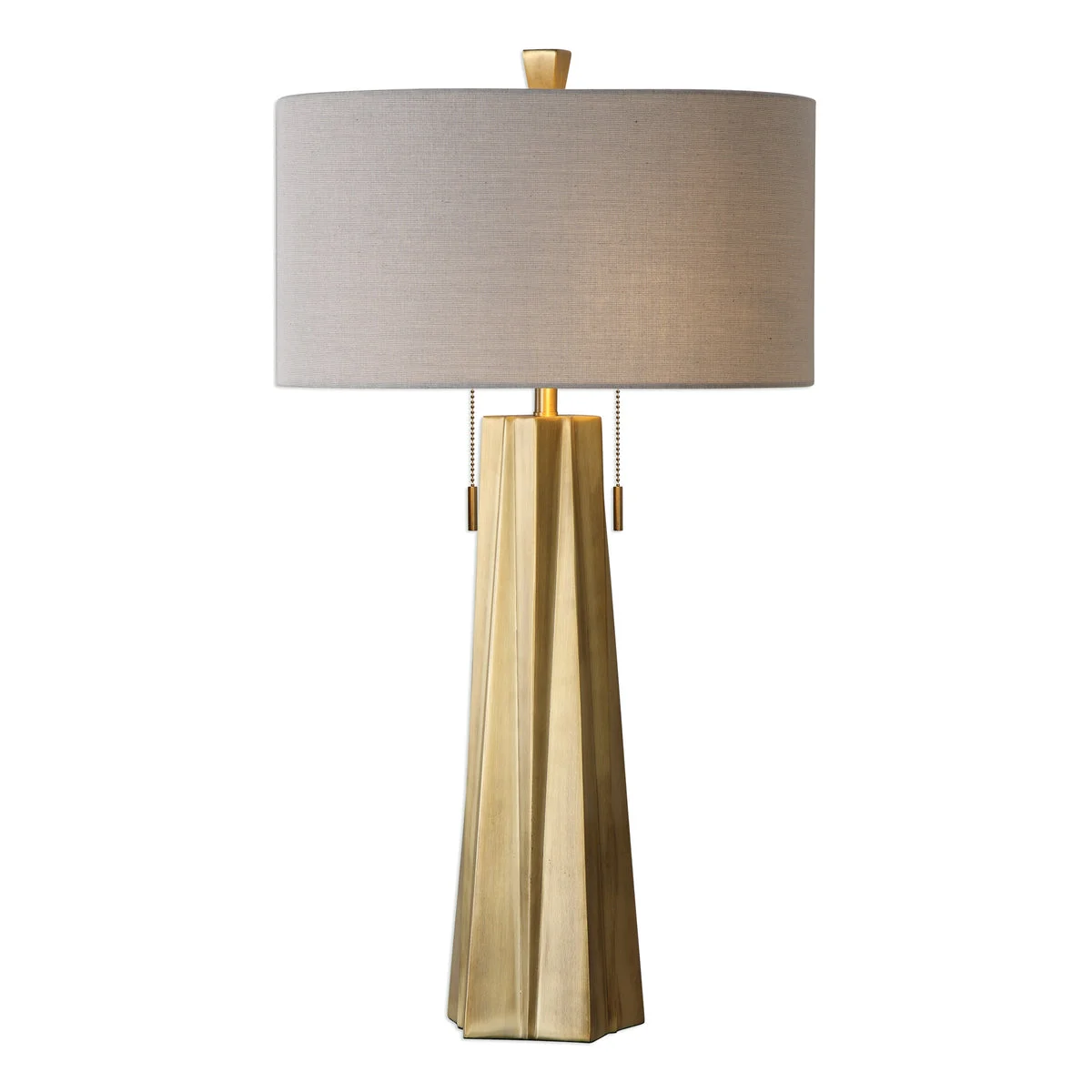 Uttermost Antiqued Brass Maris Table Lamp with Inverted Star Steel Base and Gray-Beige Linen Drum Shade – Dual Bulb, 31-Inch Elegant Accent Lighting
