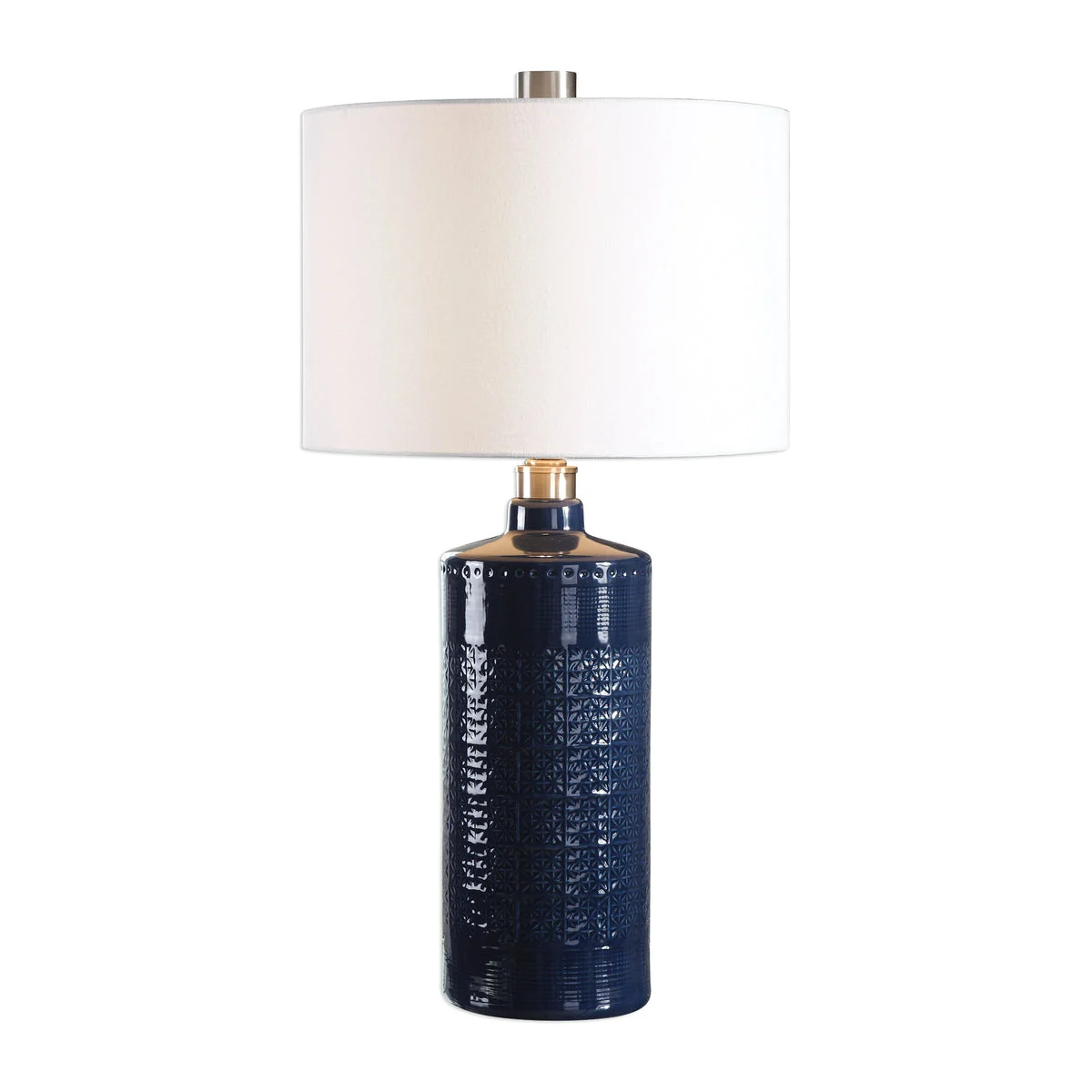 Uttermost Thalia Royal Blue Table Lamp – 31" Embossed Ceramic Base, Brushed Nickel Accents, White Linen Shade