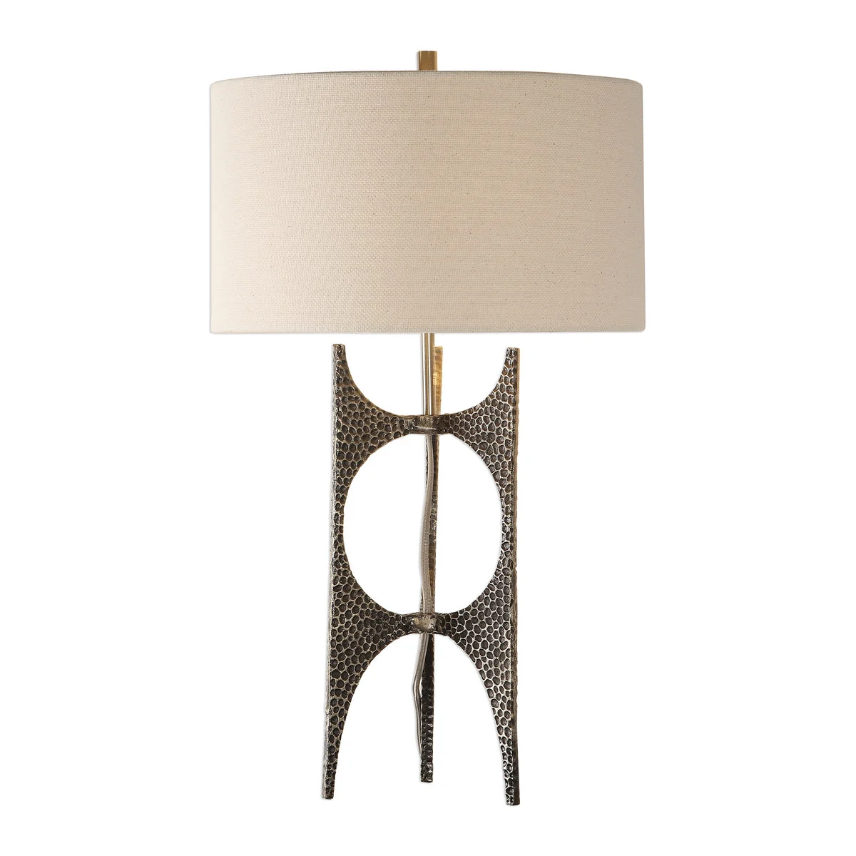 Uttermost Goldia Antique Bronze Lamp – Cast Iron with Hammered Texture and Linen Drum Shade, 26.75" Tall