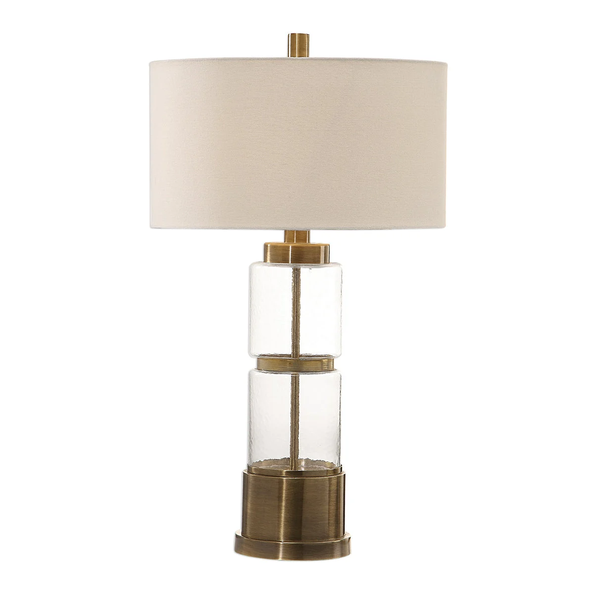 Uttermost Vaiga Glass Column Lamp – Hammered Clear Glass with Antique Brass Accents and Linen Drum Shade, 30.5"
