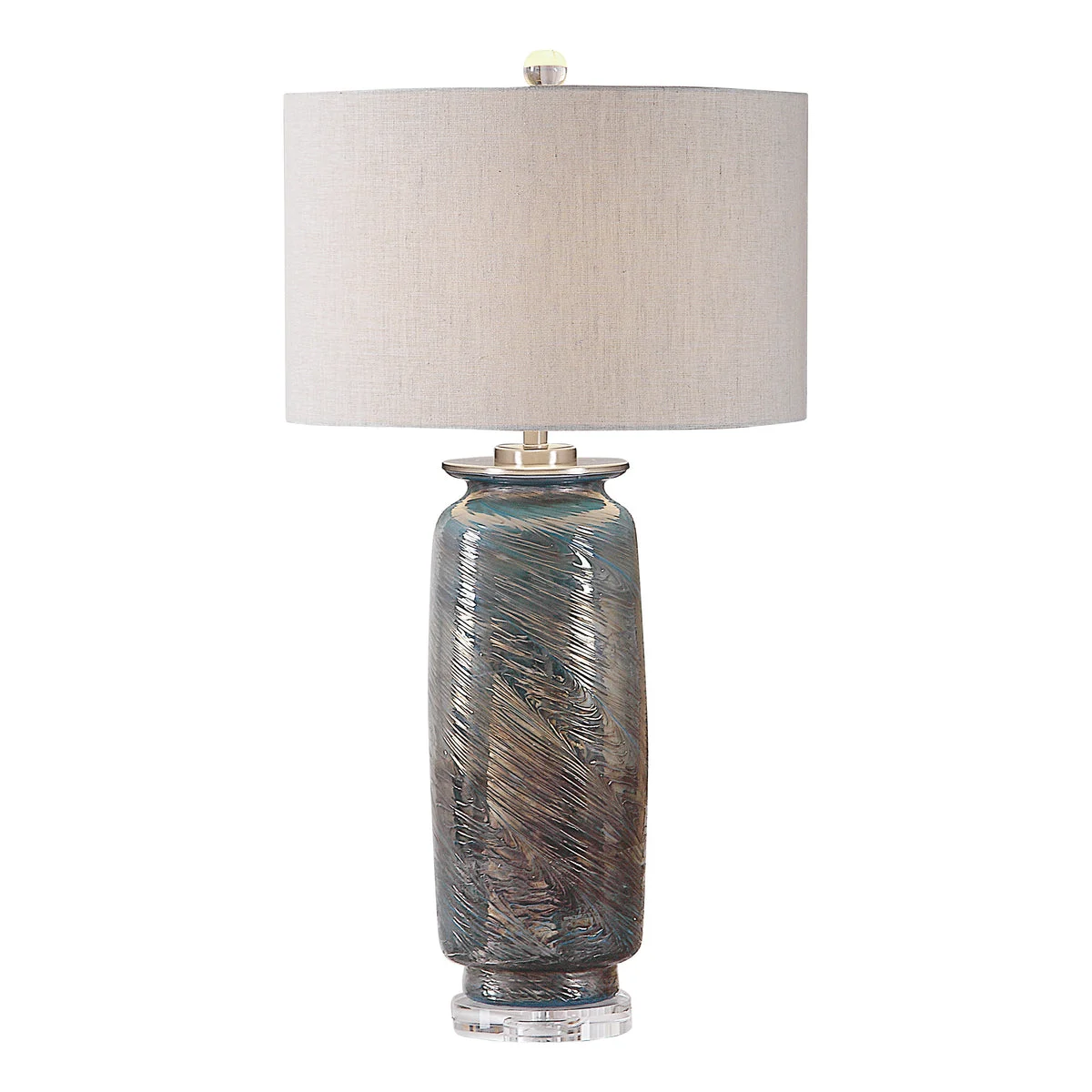 Uttermost Olesya Swirl Glass Table Lamp – 30.25” Ocean Blue & Bronze Base with Nickel & Crystal Accents