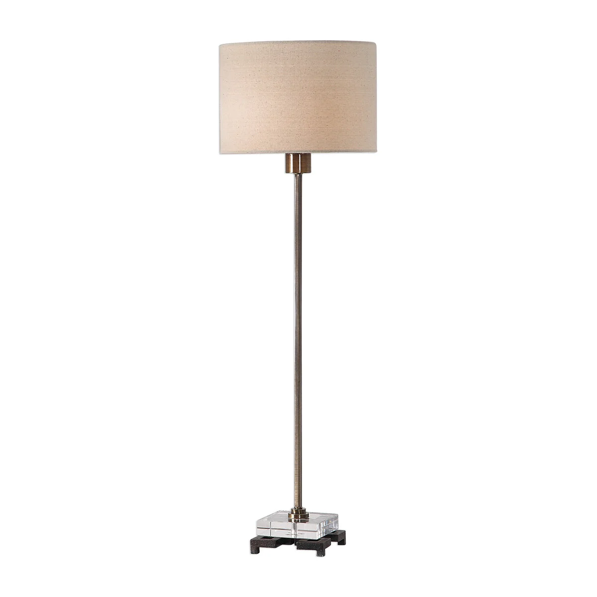 Uttermost Danyon Table Lamp – Antique Brass Iron Base, Thick Crystal Block, 33” Height, Beige Linen Shade