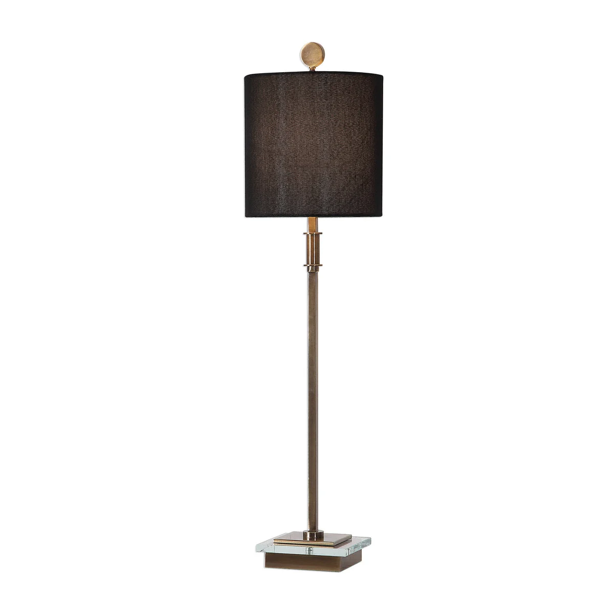 Uttermost Volante Table Lamp – Antique Brass Iron Base, Crystal Slab, Black Linen Shade, 33.75” Height